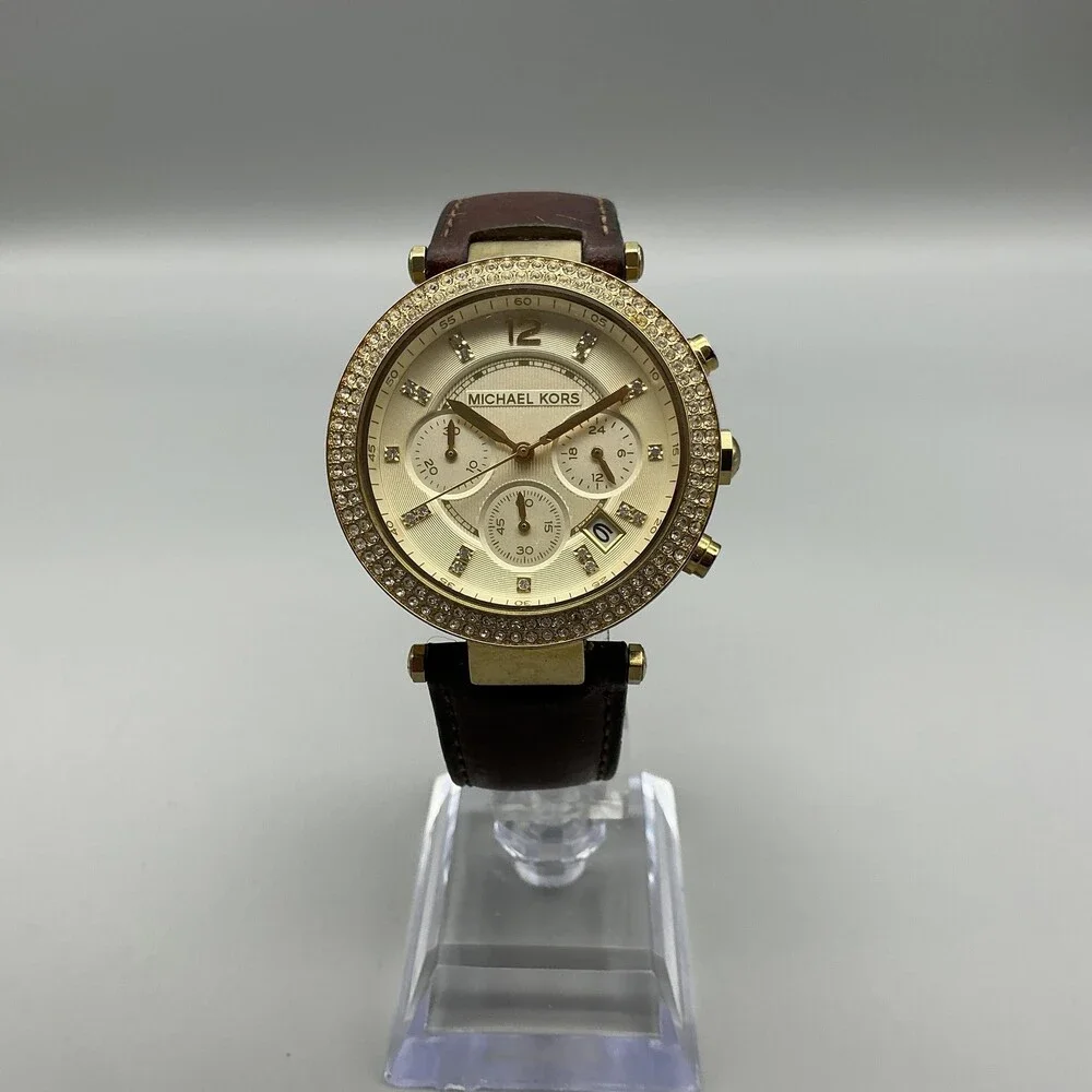 Michael Kors Womens Watch 39mm Gold Tone Leather Chronograph MK-2249 New Battery